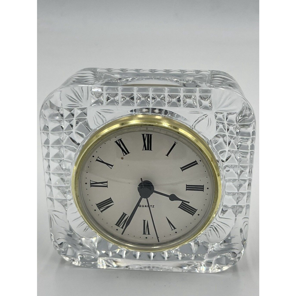 VTG Crystal ClearGlass Quartz Desk Mantle Dresser Clock 4”x4”x2” EUC